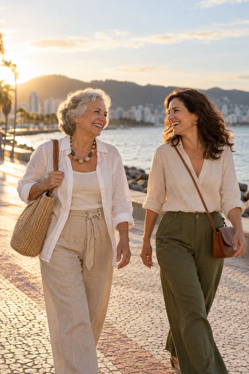 Uma senhora e uma mulher mais jovem caminham conversando por um calçadão à beira-mar